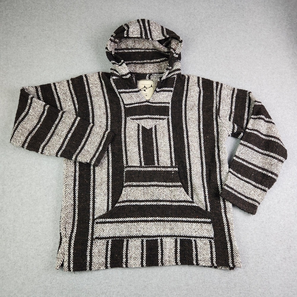 Shark Tee Surf Mexican Baja Hoodie Men Medium Brown Striped Long Sleeve Pullover